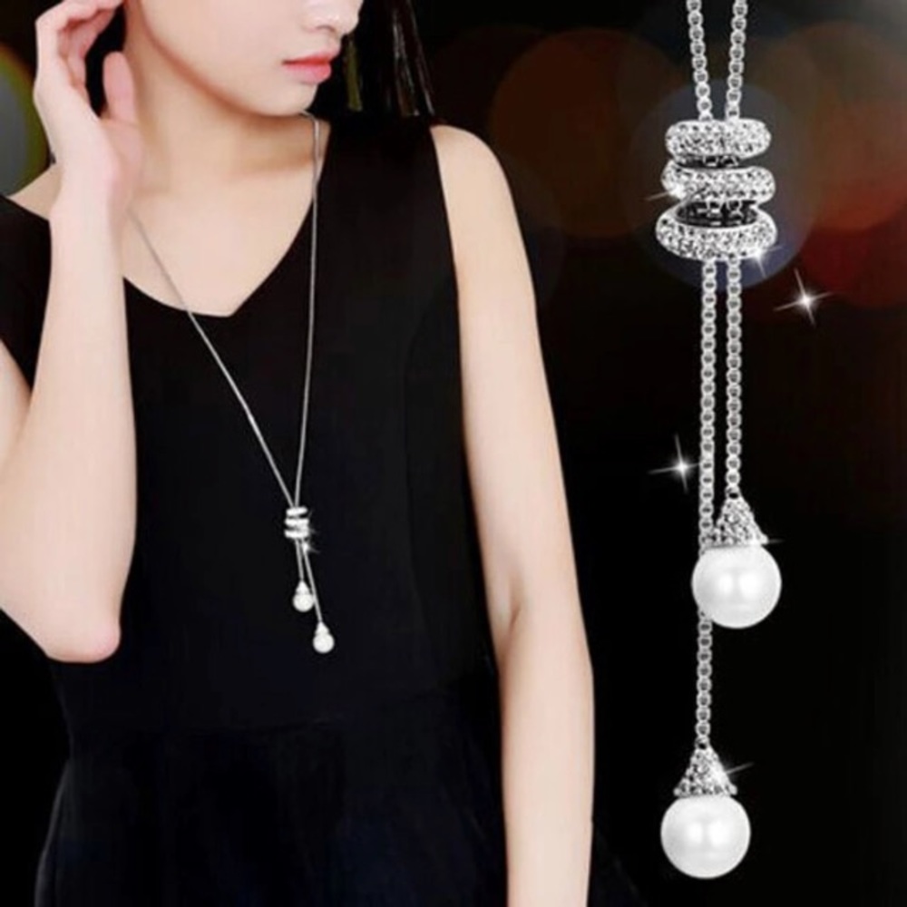 NEW!๐๐LONG PEARL LOOK CRYSTAL NECKLACE!๐๐LOVE! - Picture 7 of 15